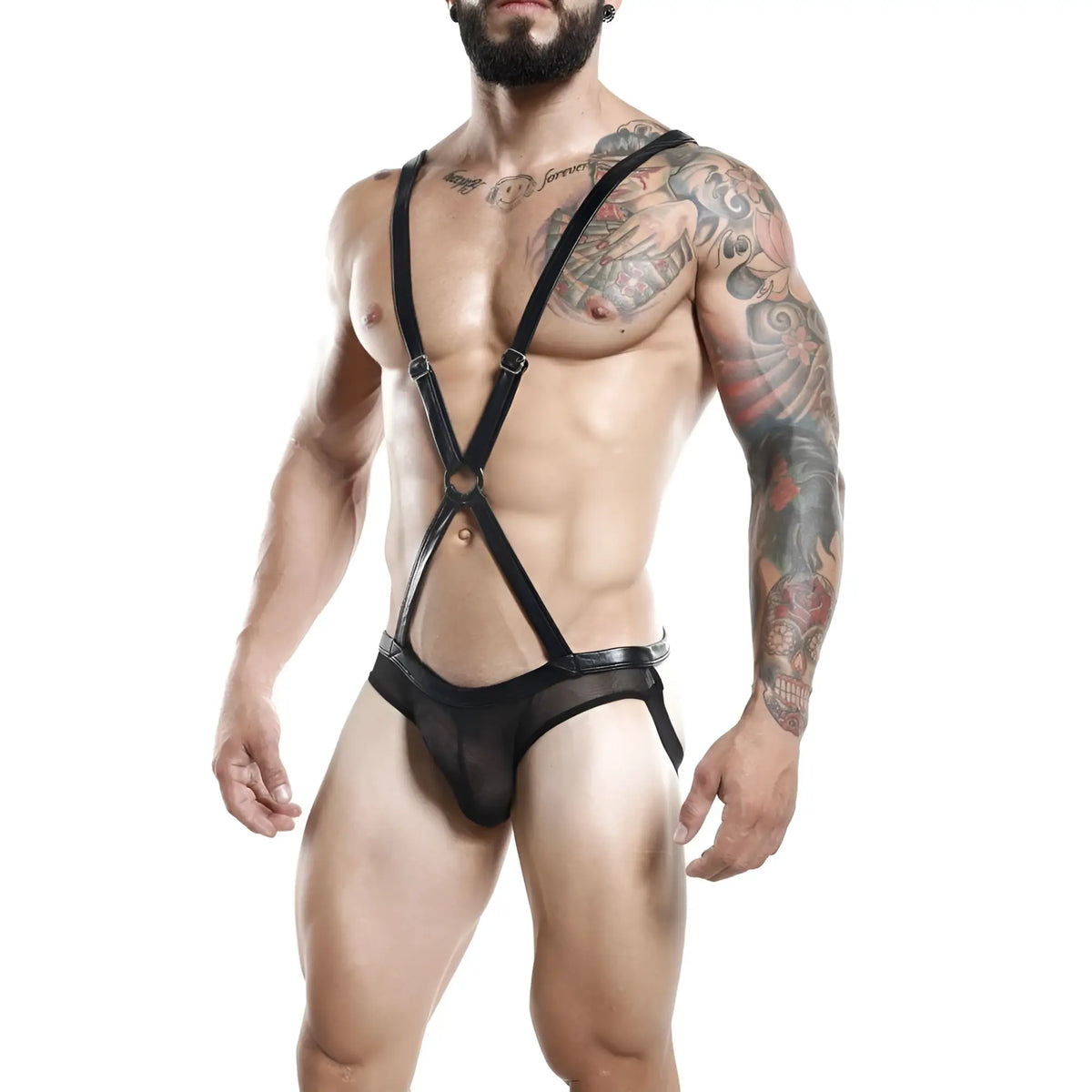 Black leather Miami Jock MJV008 bodysuit and harness with adjustable straps and sheer mesh panel front view
