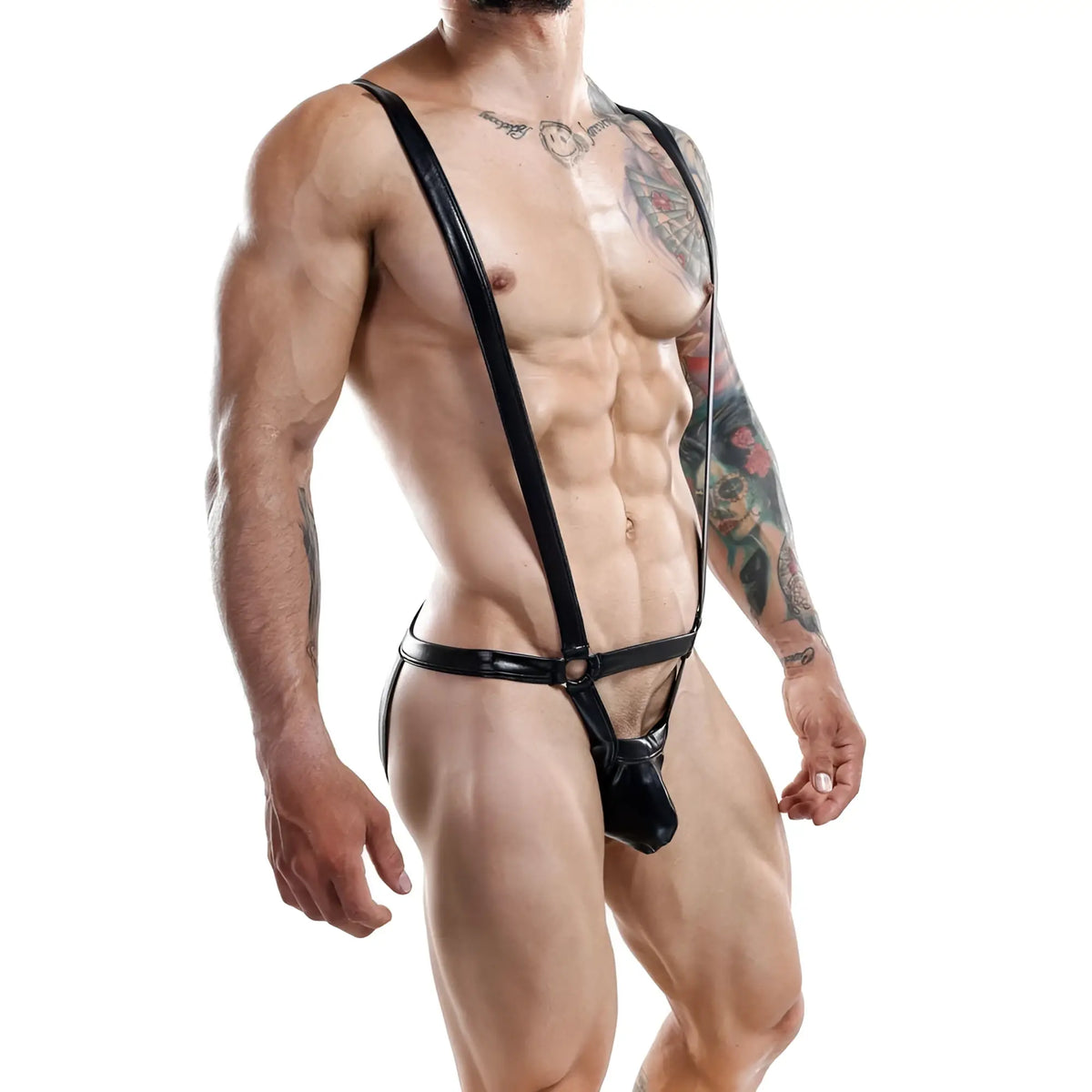 Black patent leather suspenders with central clasp and adjustable straps in miami jock mjv015 bodysuit harness