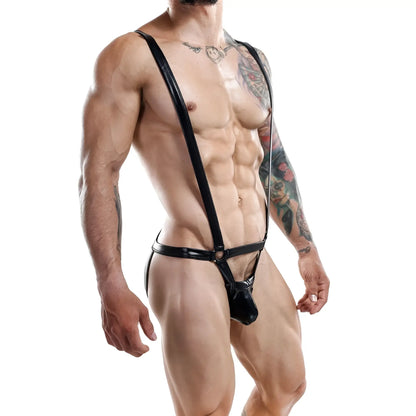Black patent leather suspenders with central clasp and adjustable straps in miami jock mjv015 bodysuit harness