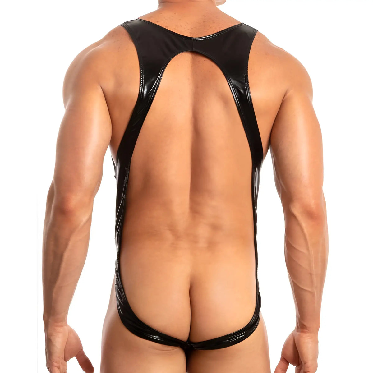 Black glossy latex miami jock mjv025 one-piece backless swimsuit with thin straps and harness design shown from back side