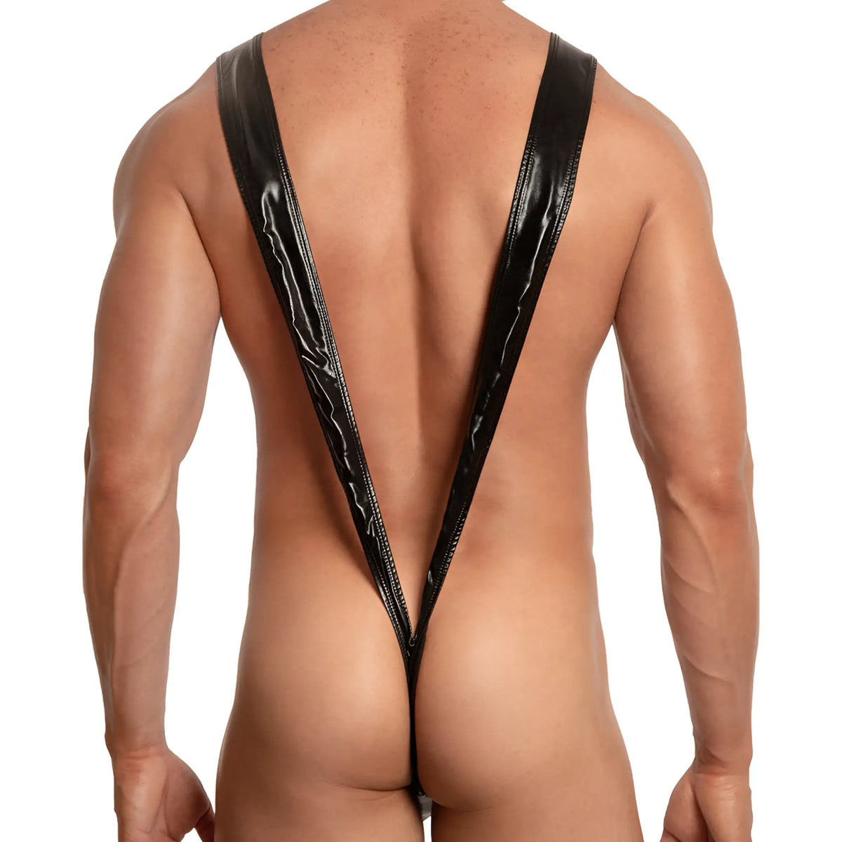 Black glossy vinyl one-piece swimsuit with deep v-back and zipper detail shown from the back side