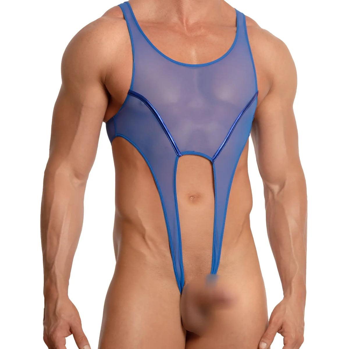 Blue sheer mesh one-piece swimsuit with bold blue trim from miami jock mjv027 bodysuit and harness collection