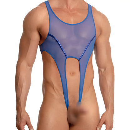 Blue sheer mesh one-piece swimsuit with bold blue trim from miami jock mjv027 bodysuit and harness collection