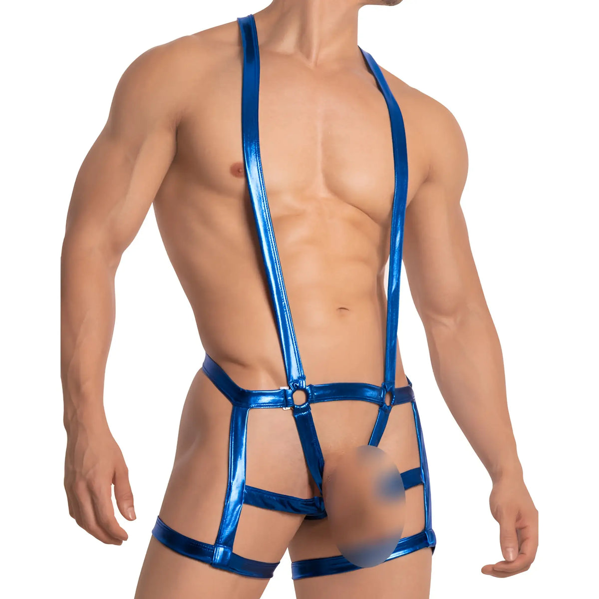 Shiny blue metallic suspenders with a harness design on the back of the miami jock mjv029 bodysuit and harness