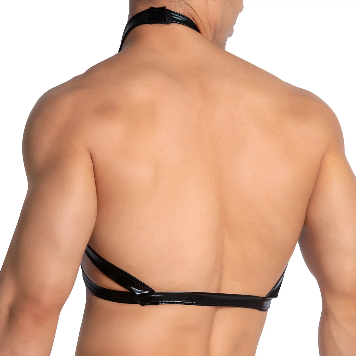 Black glossy latex bikini top with halter neck and crossed straps from miami jock mjv033 bodysuit harness