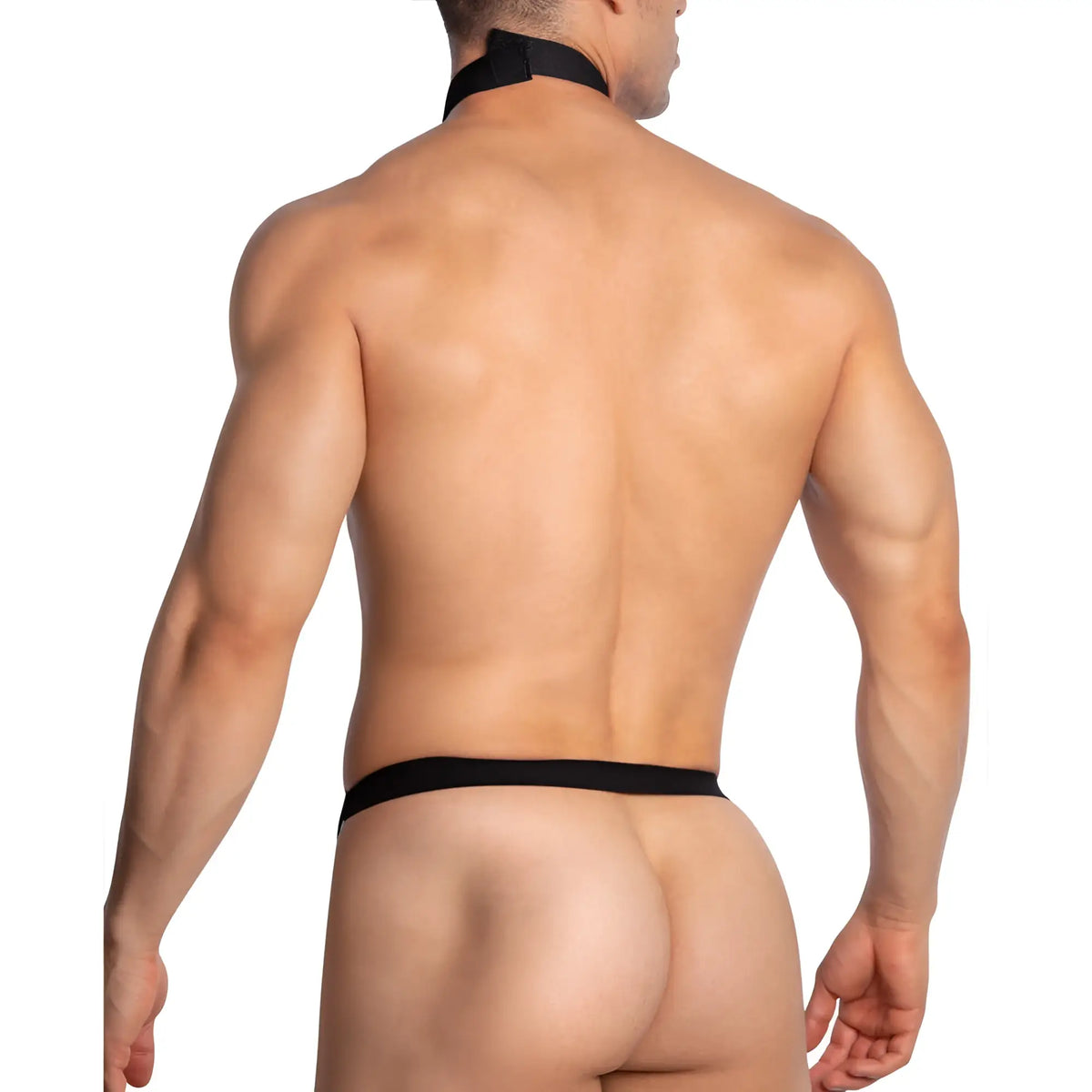 Black sleek minimalist Miami Jock mjv034 bodysuit and harness with snug fit menâ€™s underwear visible from the back