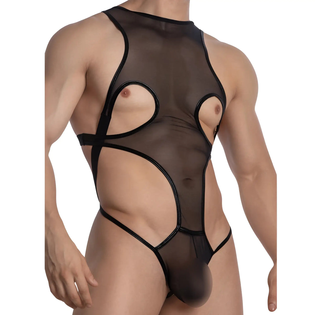 Black sheer mesh Miami Jock MJV035 bodysuit with bold black lace-up detailing and cutout design