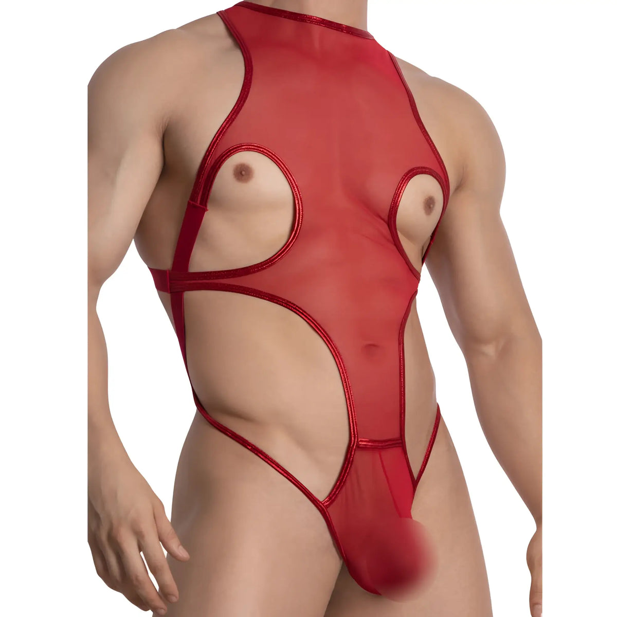 Red sheer mesh Miami jock mjv035 bodysuit with metallic red trim and cutout design
