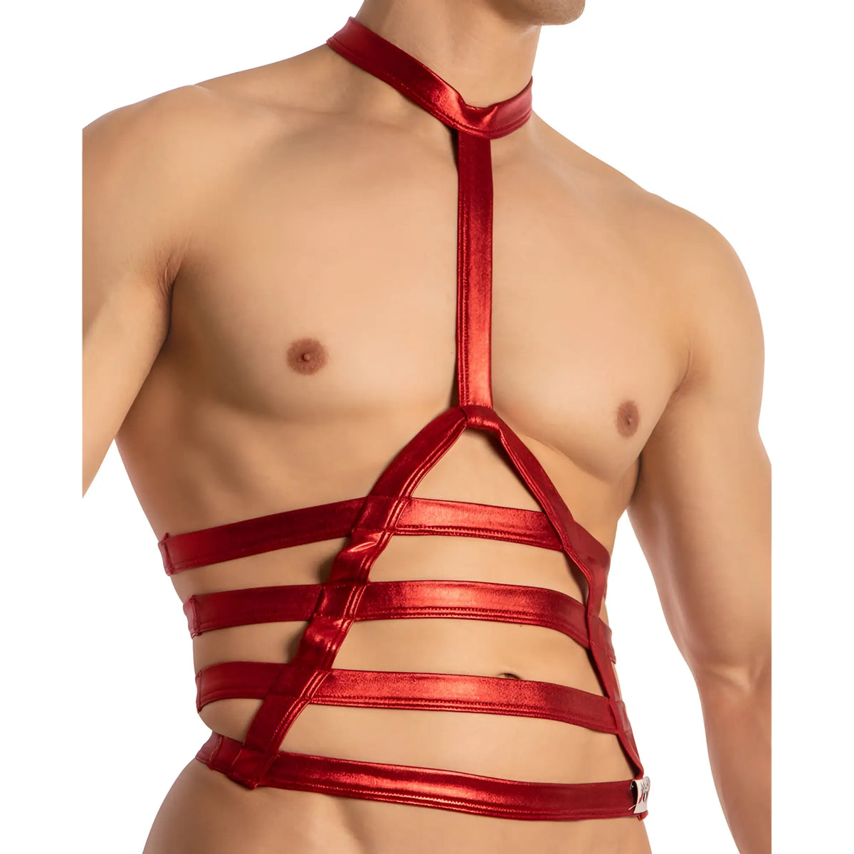A shiny red metallic harness with horizontal straps and a central vertical band from miami jock mjv037 bodysuit and harness