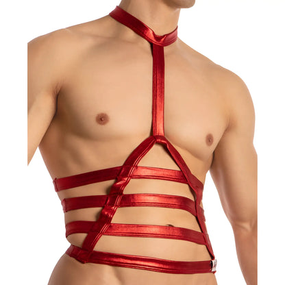 A shiny red metallic harness with horizontal straps and a central vertical band from miami jock mjv037 bodysuit and harness