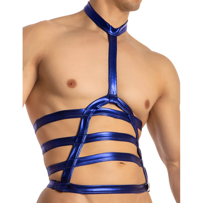 Shiny royal blue metallic harness top with halter neck and intersecting straps from Miami Jock MJV037 bodysuit and harness