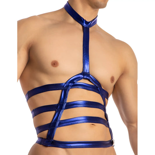 Shiny royal blue metallic harness top with halter neck and intersecting straps from Miami Jock MJV037 bodysuit and harness