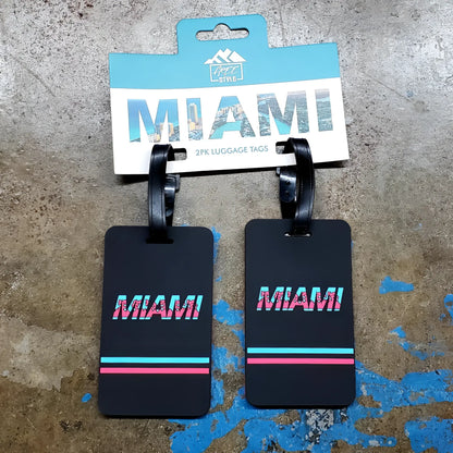 Black rectangular miami luggage tags set of 2 with retro pink and cyan lettering and matching horizontal stripes