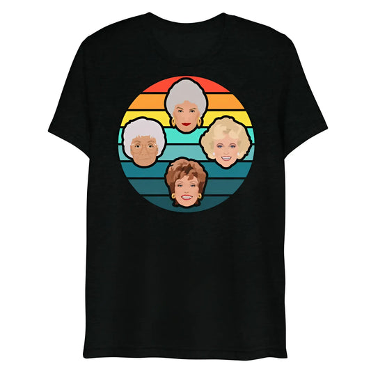 Black short-sleeved t-shirt with a circular golden girls graphic on a rainbow gradient background titled Miami Sunset
