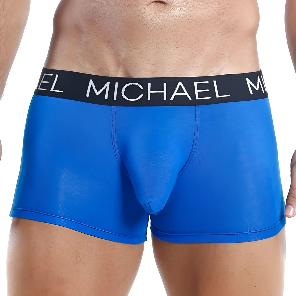Bright blue michael mlg001 boxer trunk briefs with black waistband and white michael branding