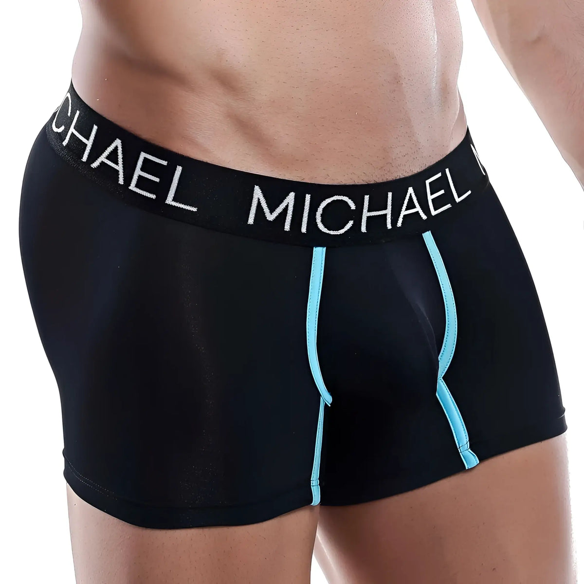 Black michael mlg009 boxer trunk briefs with light blue stitching and a white logo waistband for everyday comfort