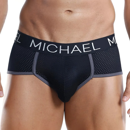 Black michael mlh005 briefs with perforated mesh design and gray trim for breathable comfort and style