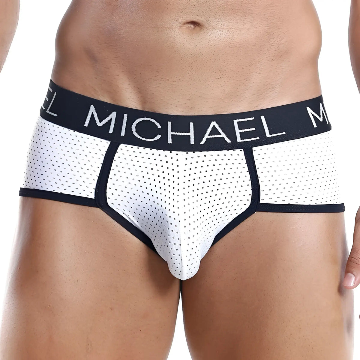 White perforated mesh briefs michael mlh005 with black elastic waistband featuring michael branding in white lettering
