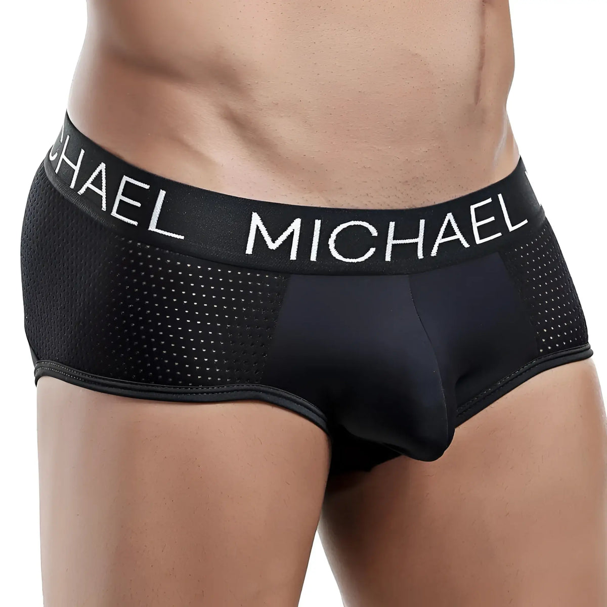 Black michael MLH012 briefs with perforated mesh waistband and solid fabric panels for comfortable everyday wear