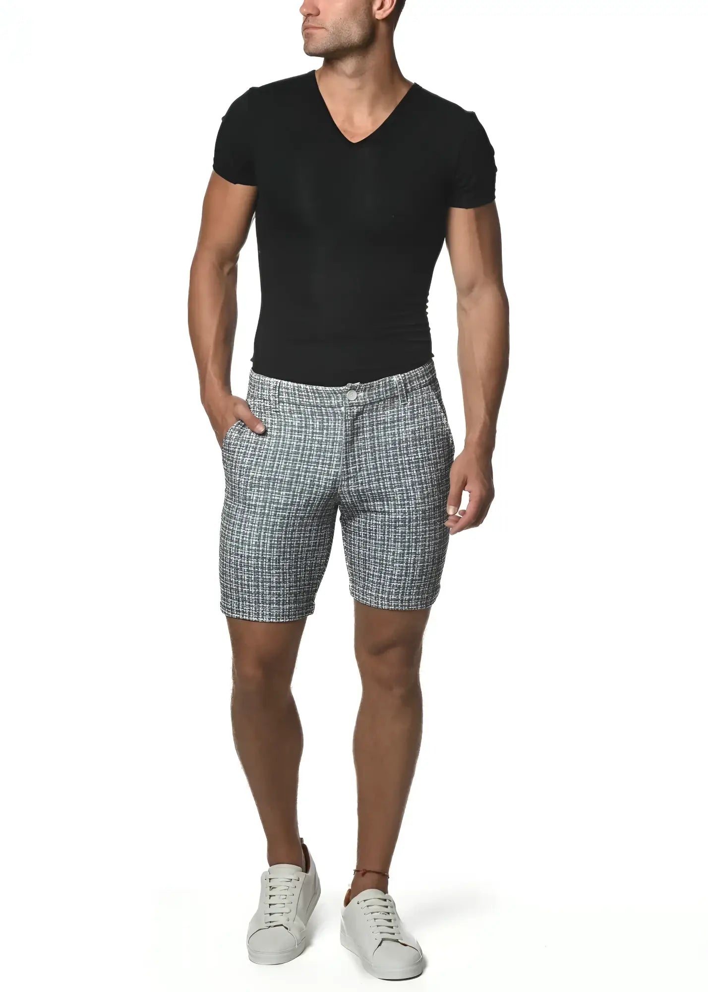 Gray and white plaid micro check stretch knit shorts with classic tailored fit for comfortable casual wear