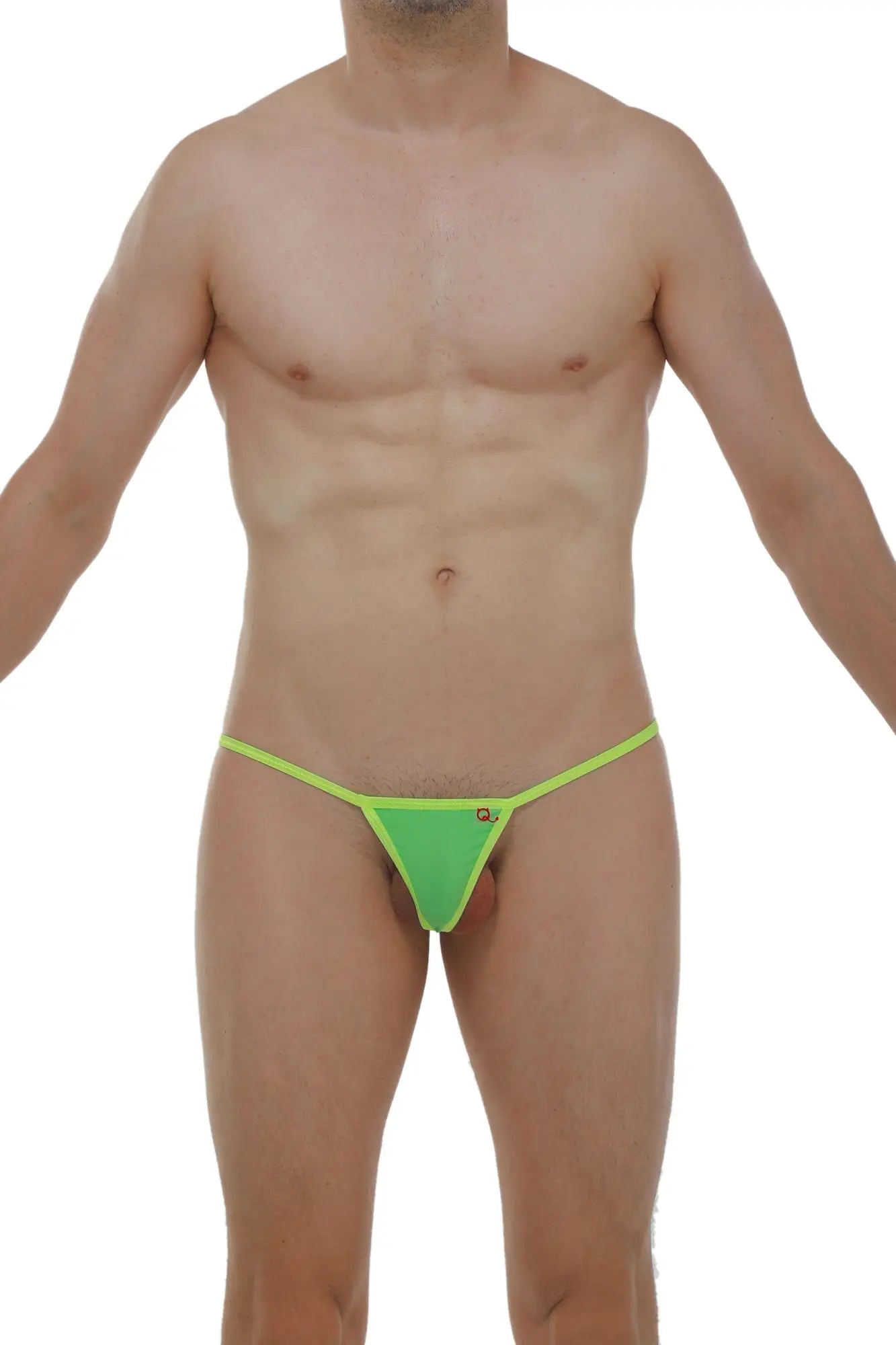 Bright green micro G-string thong with neon yellow trim shown from the back for a bold lingerie look