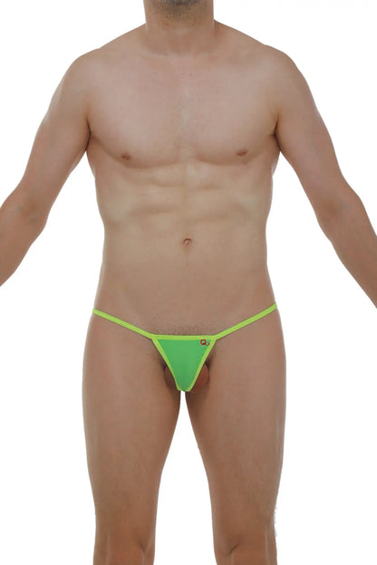 Bright green micro G-string thong with neon yellow trim shown from the back for a bold lingerie look