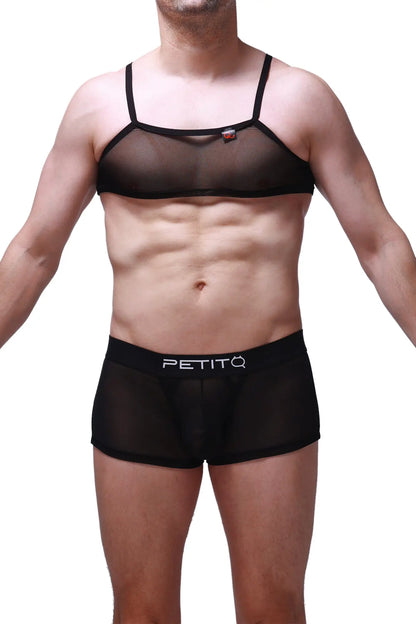Black sheer mesh micro tank net bra and matching briefs with petitq branding on waistband in black color