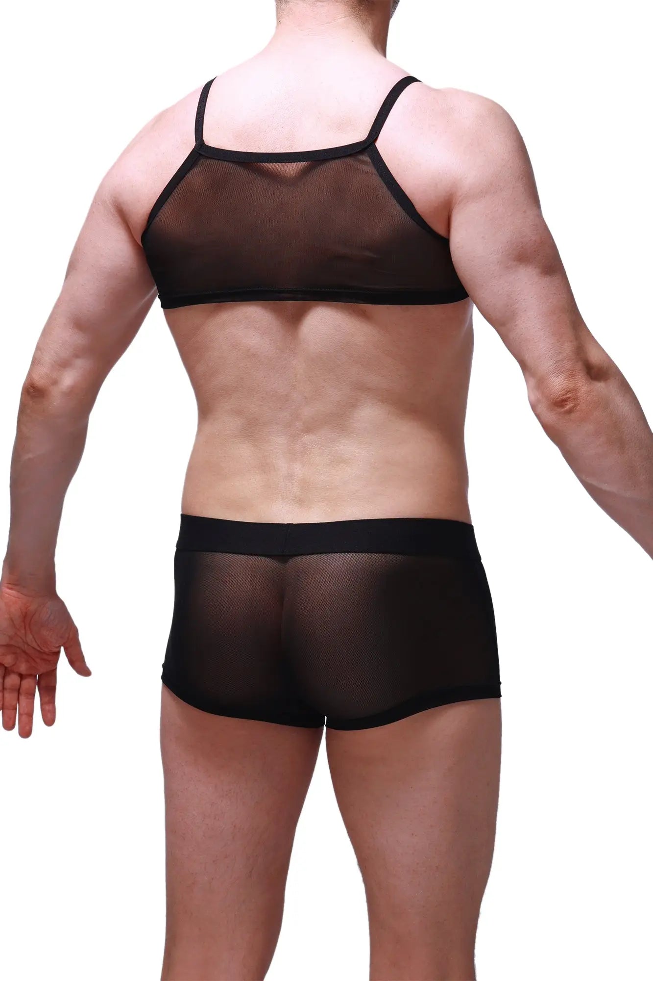 Black sheer mesh two-piece underwear set with black elastic trim in micro tank net black style