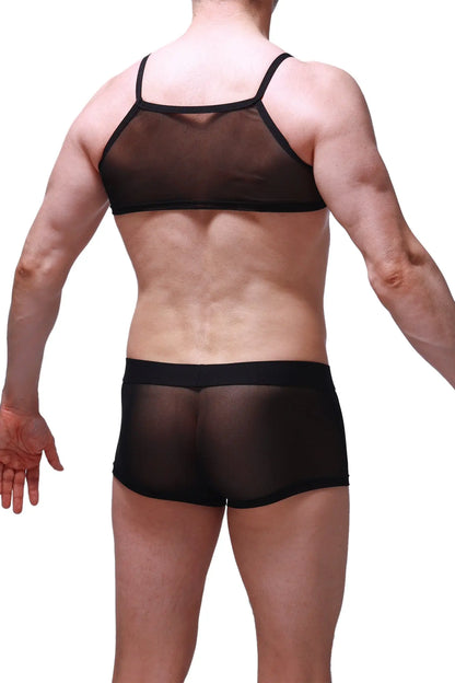 Black sheer mesh two-piece underwear set with black elastic trim in micro tank net black style