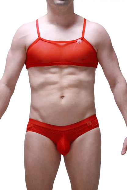 Micro tank net red men’s underwear set with red mesh lace and solid thong featuring integrated pouch