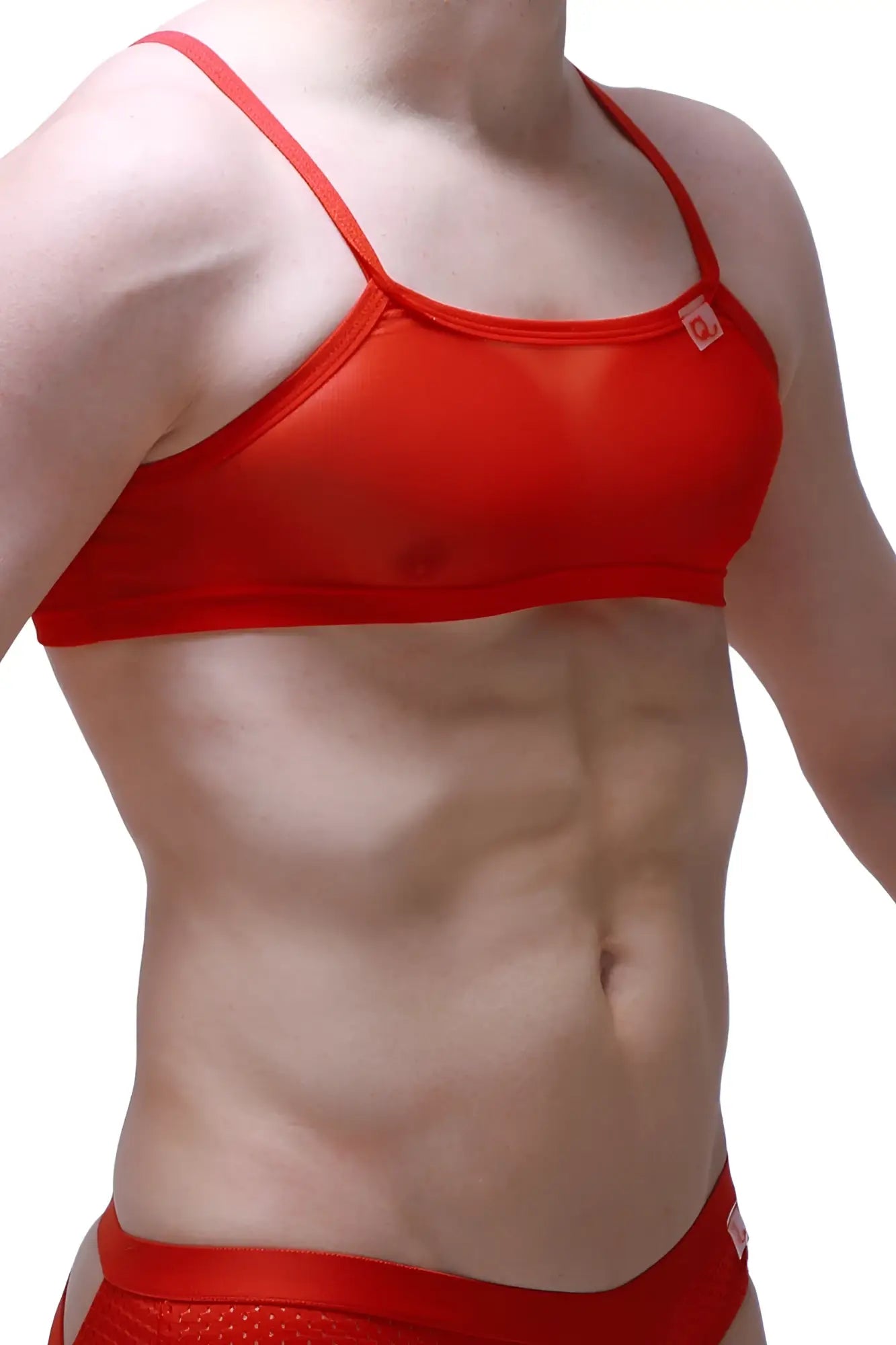 Red mesh sports bra micro tank net red with thin straps and a small logo on the upper right side