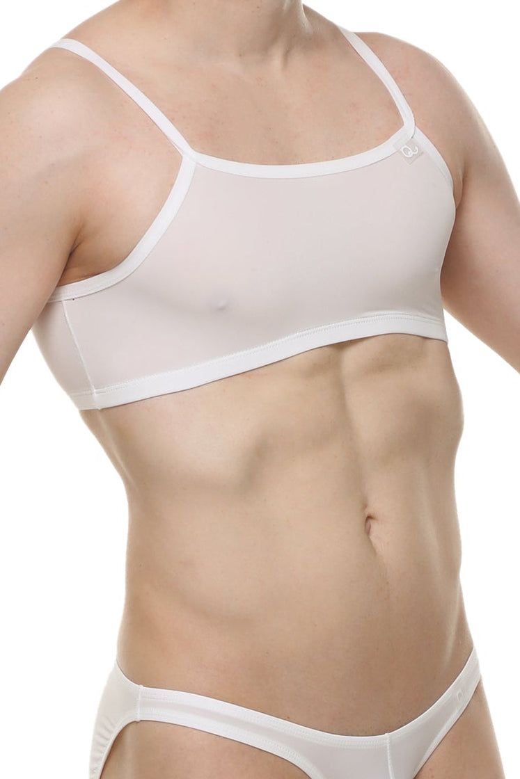 White sheer micro tank top bra with thin straps and smooth form fitting design in skine white color