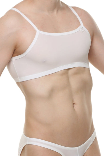 White sheer micro tank top bra with thin straps and smooth form fitting design in skine white color