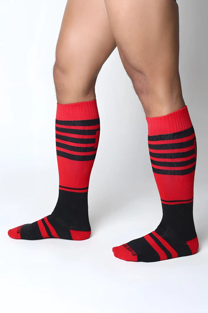 Midfield knee high socks in red and black stripes with ribbed texture for comfortable all day wear