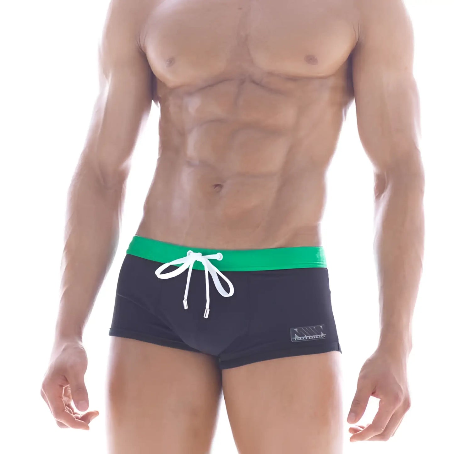 Black MIIW emerald square cut trunk swimwear with vibrant green waistband and white drawstring size M