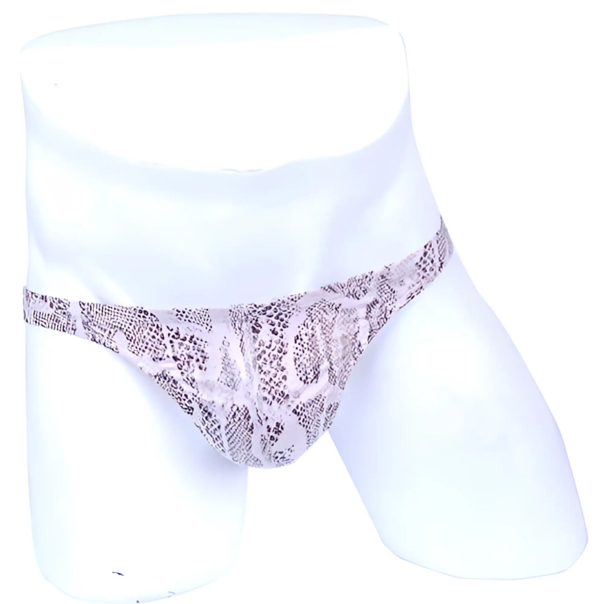 A light gray and black snakeskin-patterned men’s thong from MIIW posingwear in size XL displayed on a white mannequin