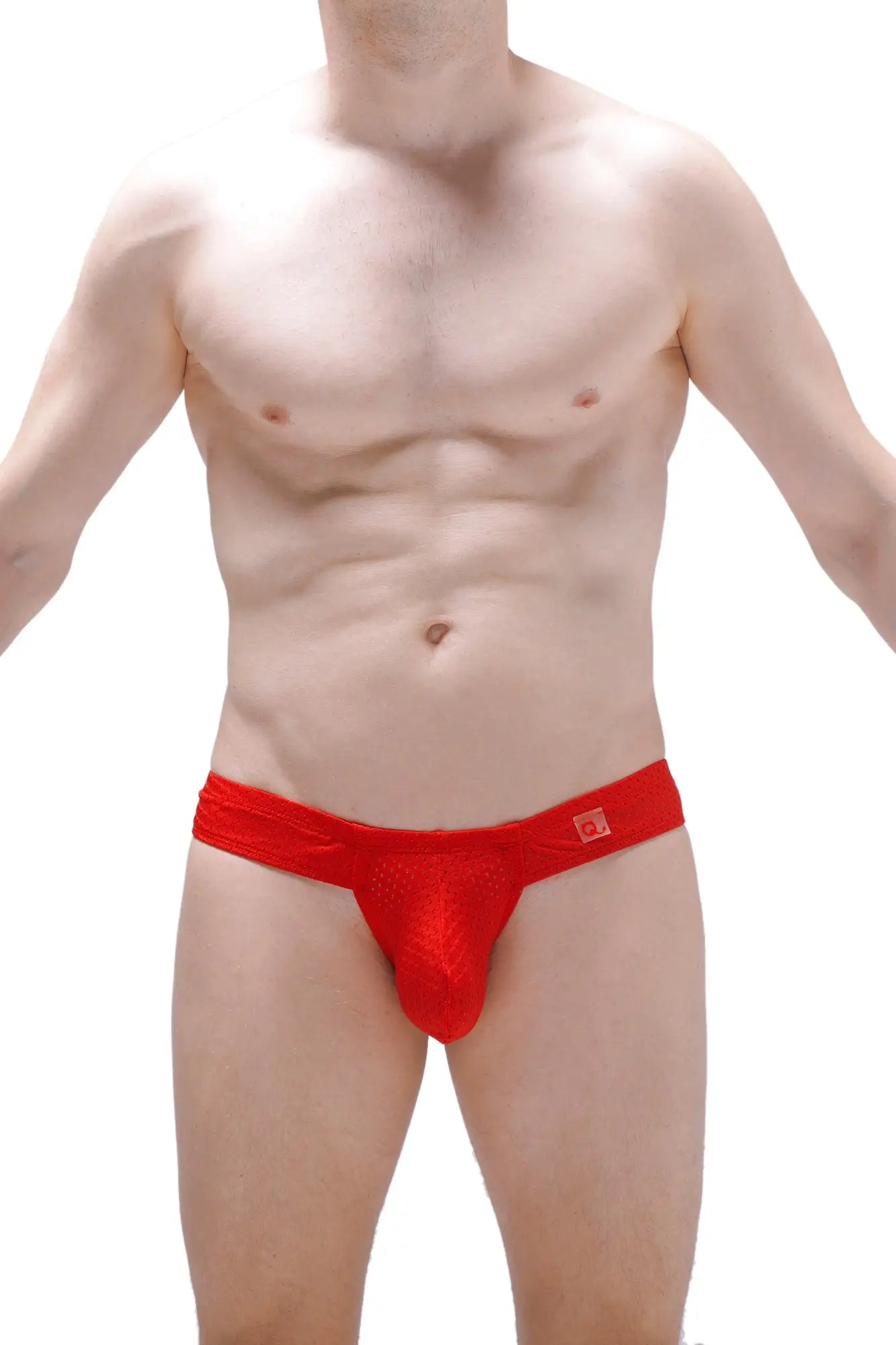Mini boxer cheek bee red red lace jockstrap with subtle textured pattern and small red logo on the waistband