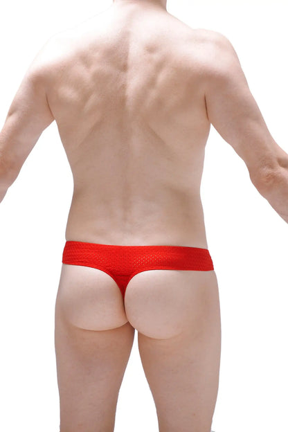 Mini boxer cheek bee red featuring red mesh thong with a solid red waistband visible from the front side