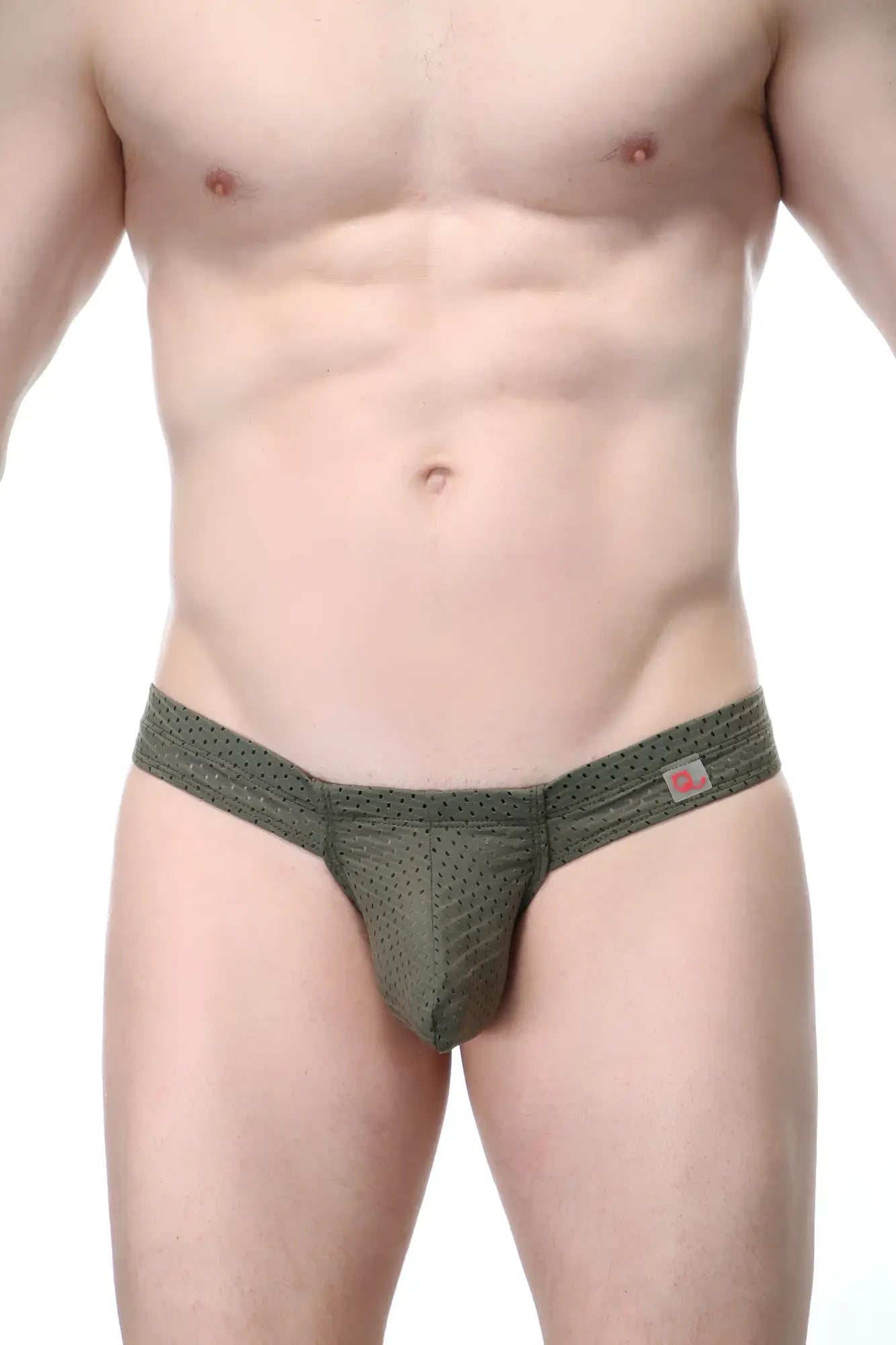 Mini boxer cheek bee sage olive green mesh thong with subtle textured pattern and small pink logo tag on waistband