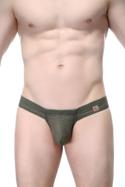 Mini boxer cheek bee sage olive green mesh thong with subtle textured pattern and small pink logo tag on waistband