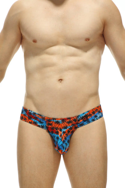 Mini boxer cheek temae men’s briefs with vibrant orange and blue tropical palm tree pattern for comfortable wear