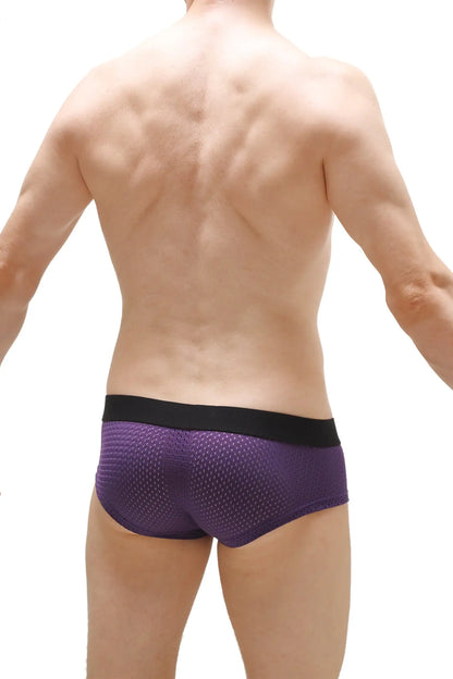 Mini boxer double pouch bee purple mesh briefs with black elastic waistband for comfortable support