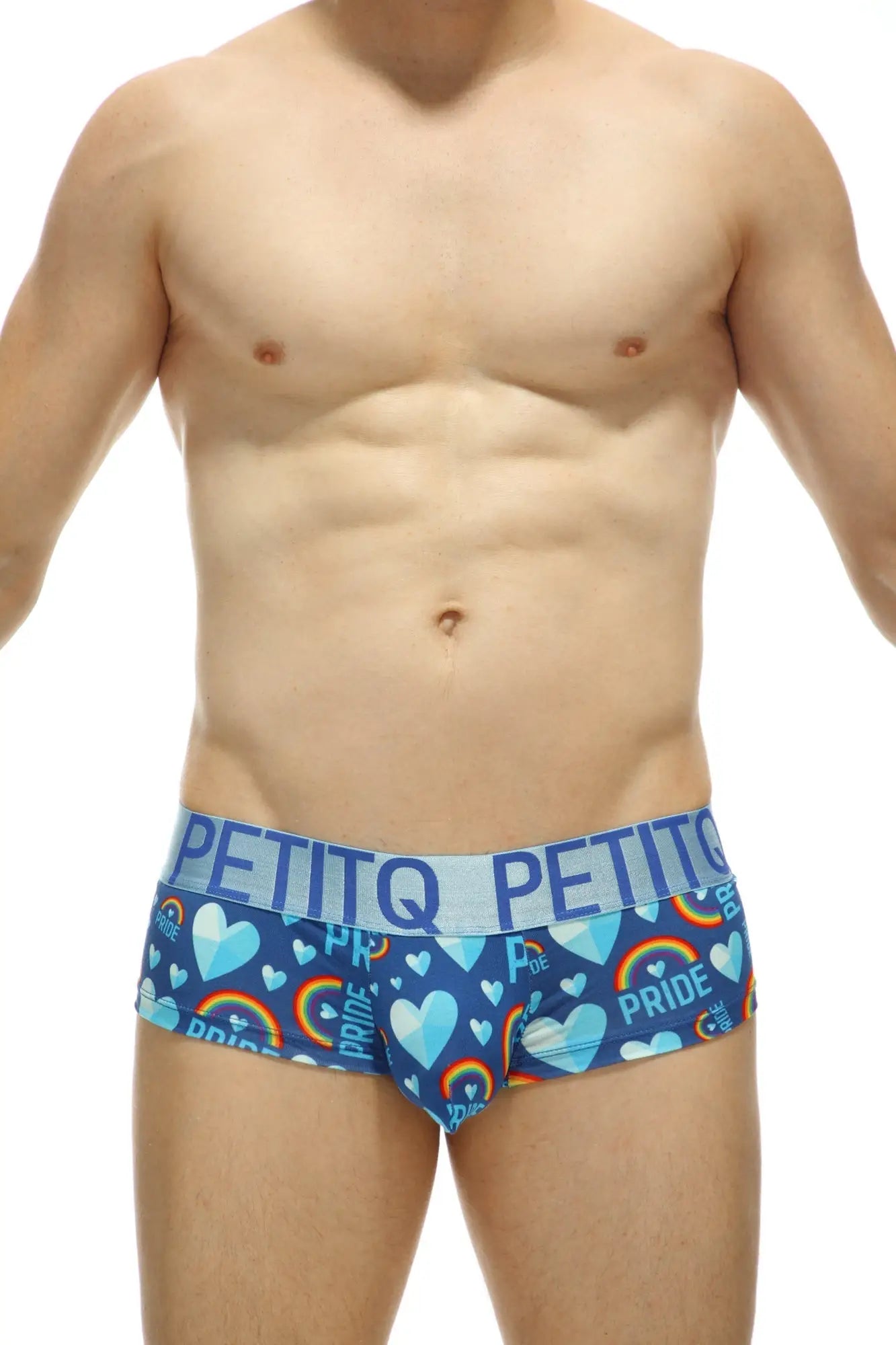 Blue mini boxer double pride briefs with vibrant hearts rainbows white pride lettering on light blue petitq waistband