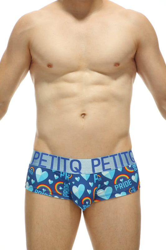 Blue mini boxer double pride briefs with vibrant hearts rainbows white pride lettering on light blue petitq waistband