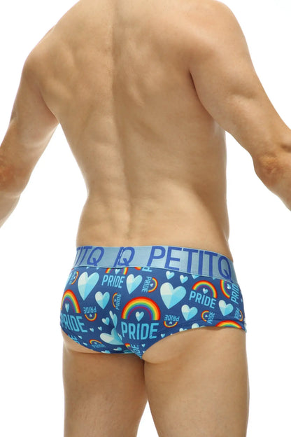 Blue mini boxer double pride briefs with rainbow heart pattern and pride text branded petitq on waistband