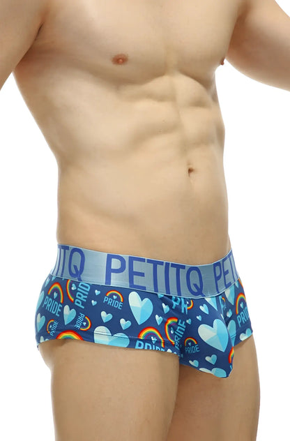 Blue petitq mini boxer double pride men’s briefs with vibrant rainbow hearts and pride text pattern