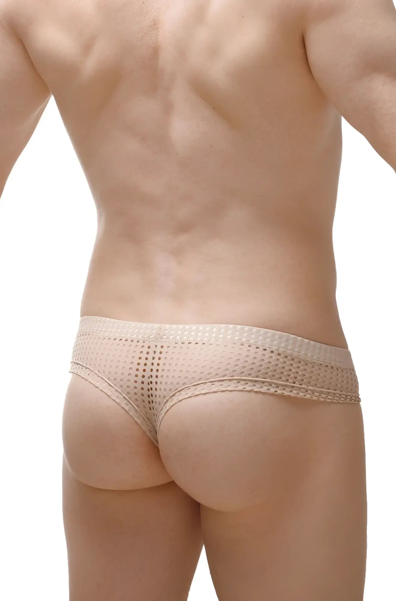 Beige mesh mini boxer durtol nude briefs with subtle pattern and elastic waistband in front view