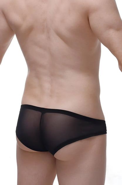 Black sheer mesh mini boxer macau bulles briefs with solid black waistband front view
