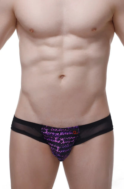 Mini boxer macau bulles purple sequined briefs with black mesh sides and small orange logo on front