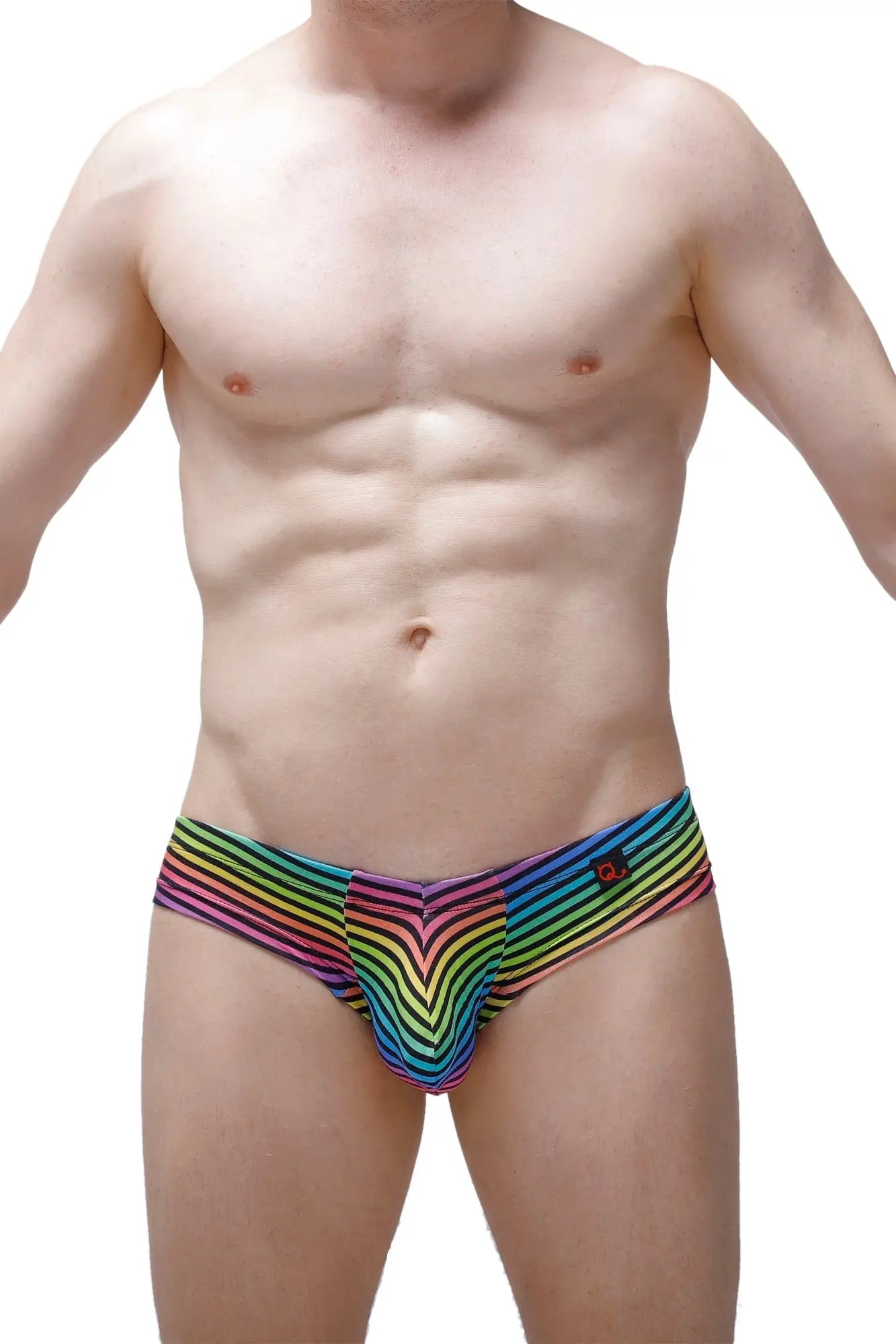 Mini boxer monti rainbow-striped men’s briefs with bold curved pattern and small black logo on waistband